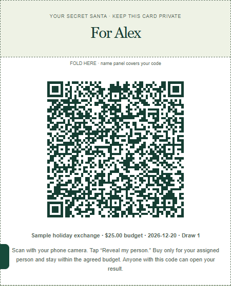 Sample foldable card for Alex with a name panel, QR code, budget, date and private scanning instructions